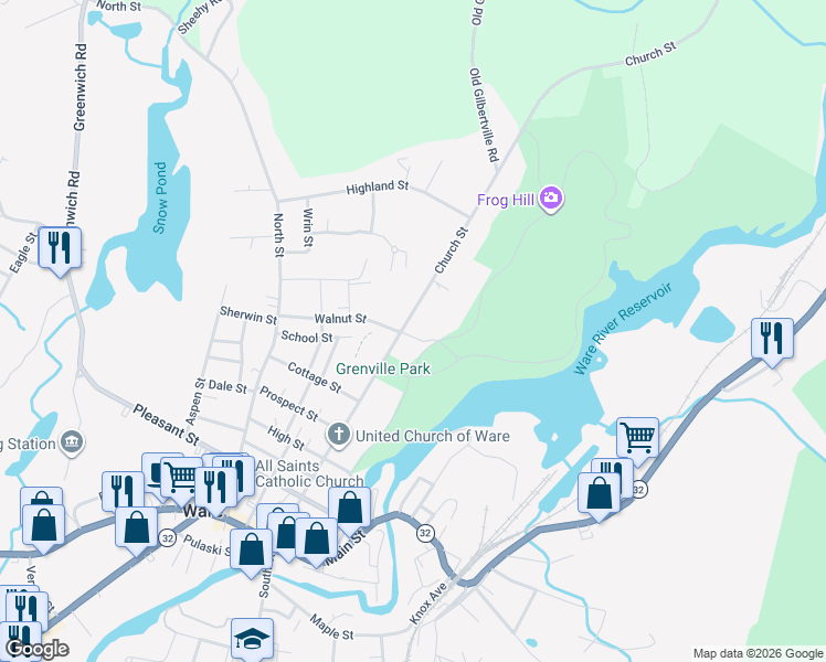 map of restaurants, bars, coffee shops, grocery stores, and more near 87 Church Street in Ware