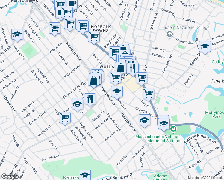 map of restaurants, bars, coffee shops, grocery stores, and more near 2 Old Colony Avenue in Quincy