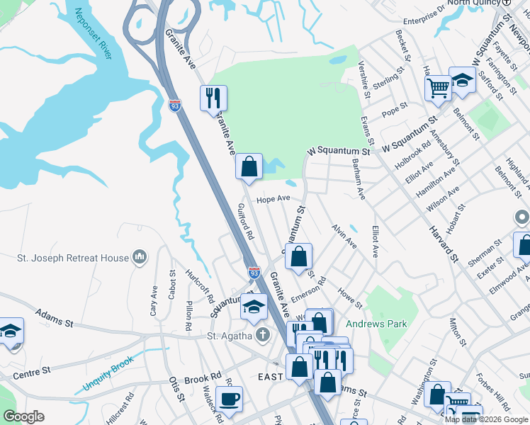map of restaurants, bars, coffee shops, grocery stores, and more near 192 Granite Avenue in Milton