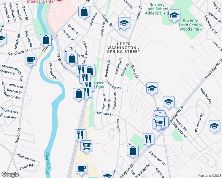 map of restaurants, bars, coffee shops, grocery stores, and more near 20 Vogel Street in Boston