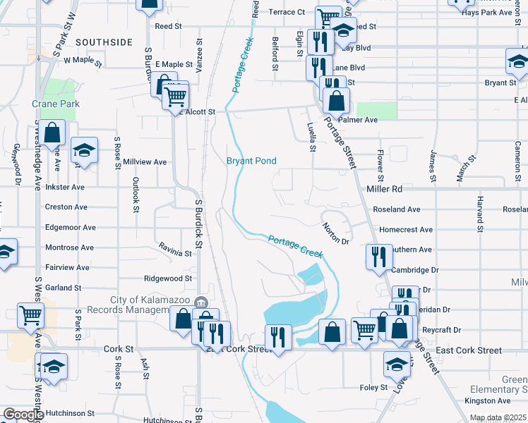 map of restaurants, bars, coffee shops, grocery stores, and more near 400 Homecrest Avenue in Kalamazoo