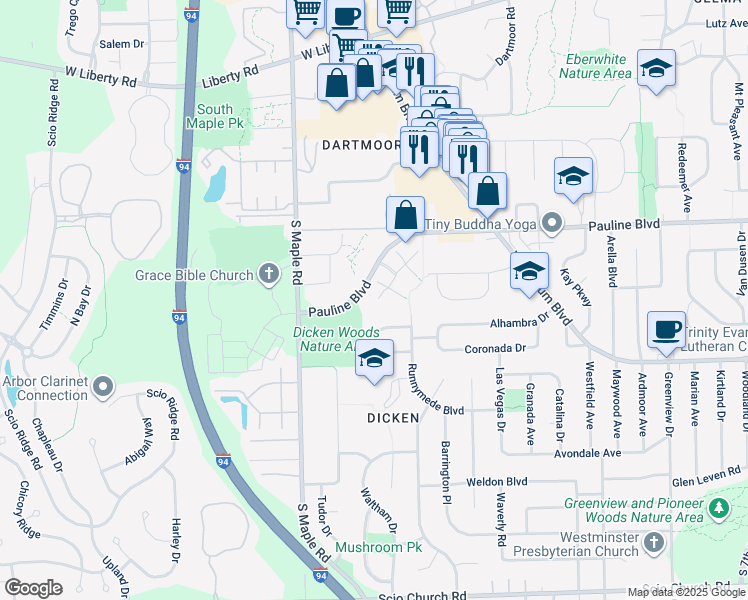 map of restaurants, bars, coffee shops, grocery stores, and more near 2167 Pauline Court in Ann Arbor