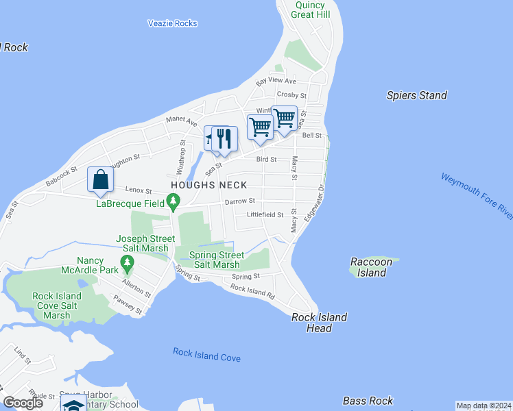map of restaurants, bars, coffee shops, grocery stores, and more near 91 Darrow Street in Quincy