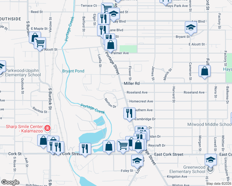 map of restaurants, bars, coffee shops, grocery stores, and more near 731 Homecrest Avenue in Kalamazoo