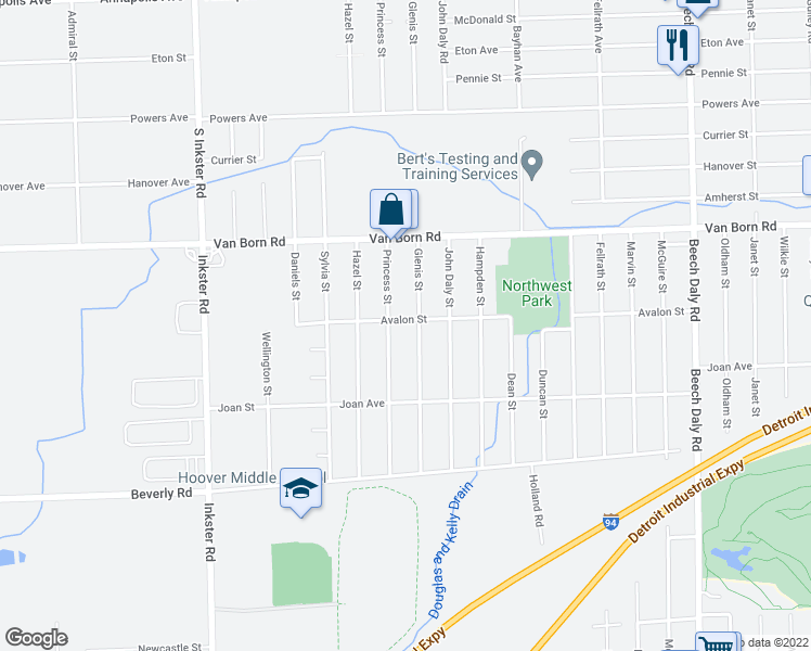 map of restaurants, bars, coffee shops, grocery stores, and more near 6020 Glenis Street in Taylor