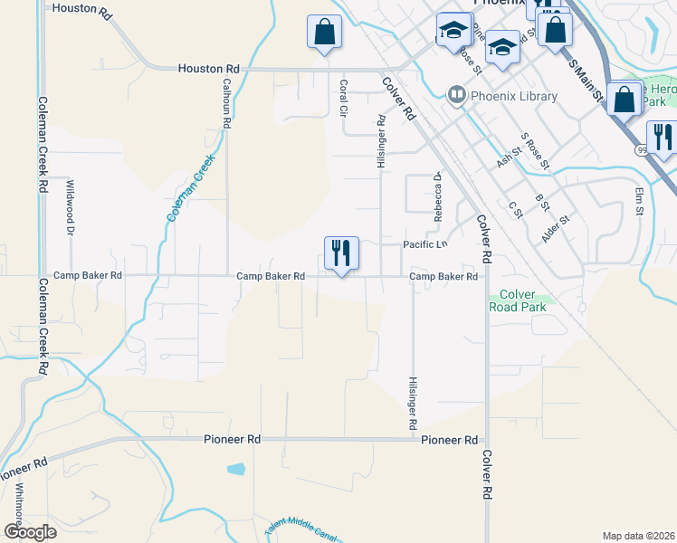 map of restaurants, bars, coffee shops, grocery stores, and more near 1705 Camp Baker Road in Medford