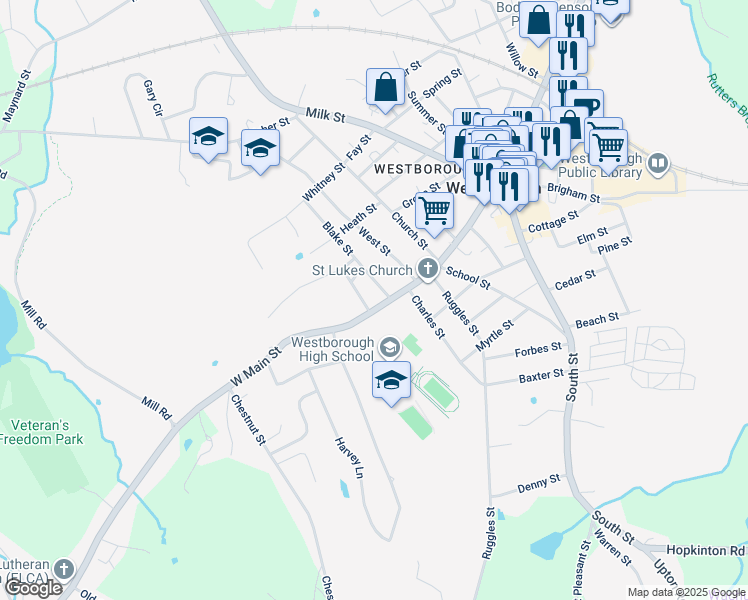 map of restaurants, bars, coffee shops, grocery stores, and more near 83 West Main Street in Westborough