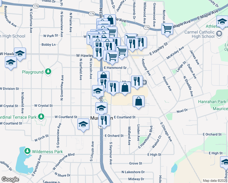 map of restaurants, bars, coffee shops, grocery stores, and more near 167 North Seymour Avenue in Mundelein