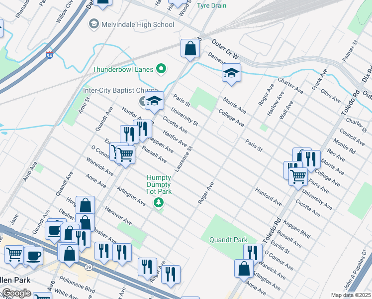 map of restaurants, bars, coffee shops, grocery stores, and more near 15115 Hanfor Avenue in Allen Park