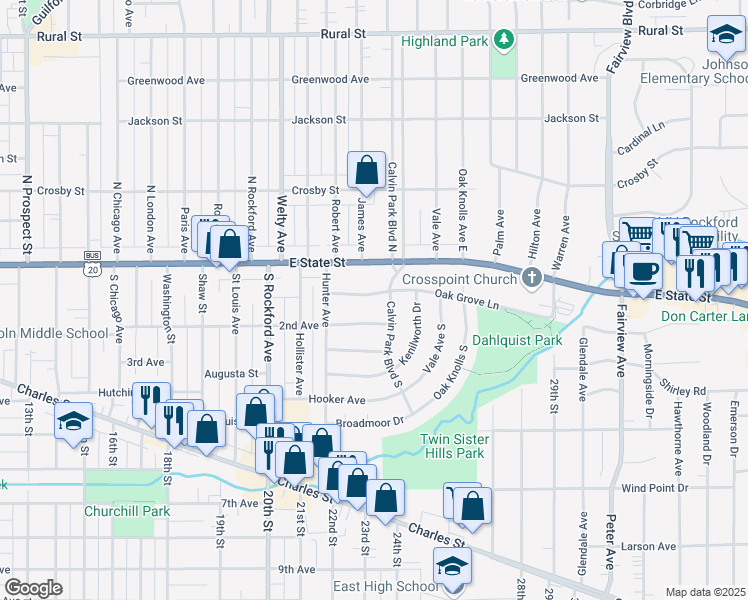 map of restaurants, bars, coffee shops, grocery stores, and more near 2704 2nd Avenue in Rockford