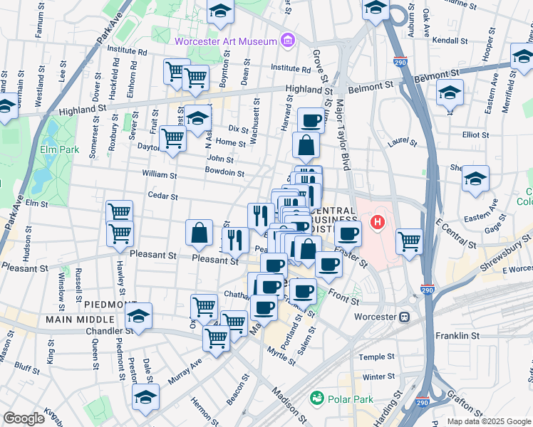 map of restaurants, bars, coffee shops, grocery stores, and more near 18 Chestnut Street in Worcester