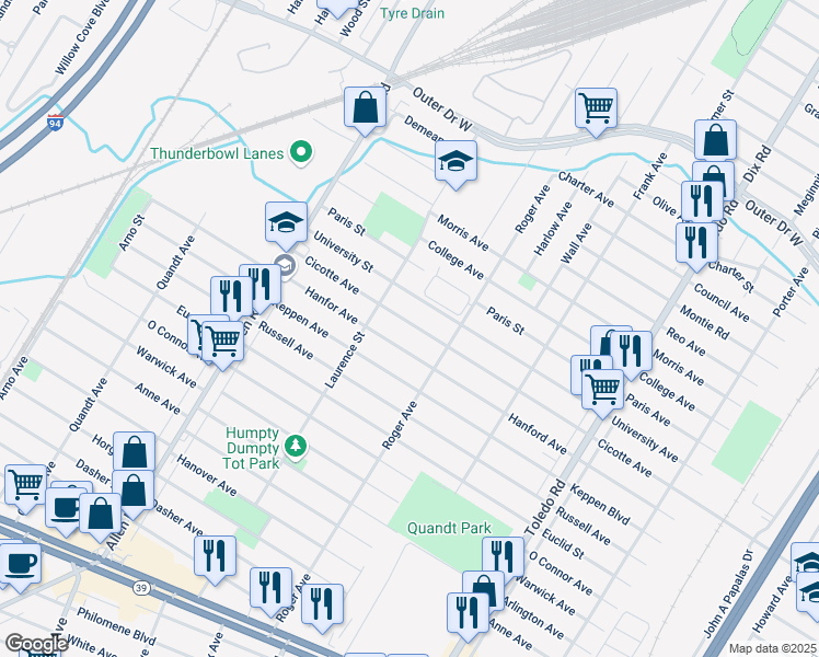 map of restaurants, bars, coffee shops, grocery stores, and more near 14940 Hanfor Avenue in Allen Park