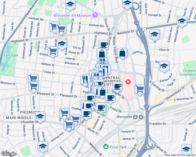 map of restaurants, bars, coffee shops, grocery stores, and more near 332 Main Street in Worcester