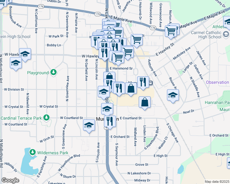 map of restaurants, bars, coffee shops, grocery stores, and more near 151 North Lake Street in Mundelein