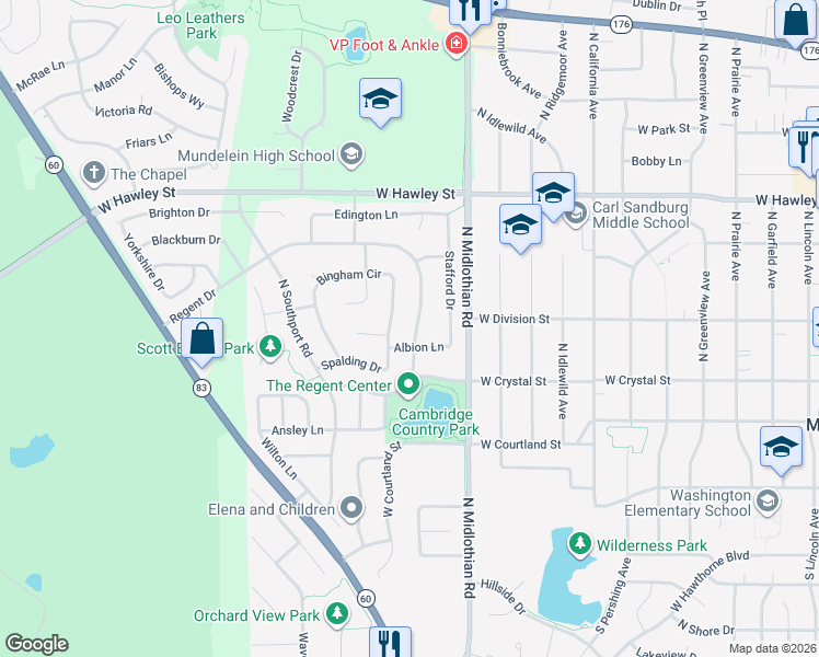 map of restaurants, bars, coffee shops, grocery stores, and more near 1241 Regent Drive in Mundelein