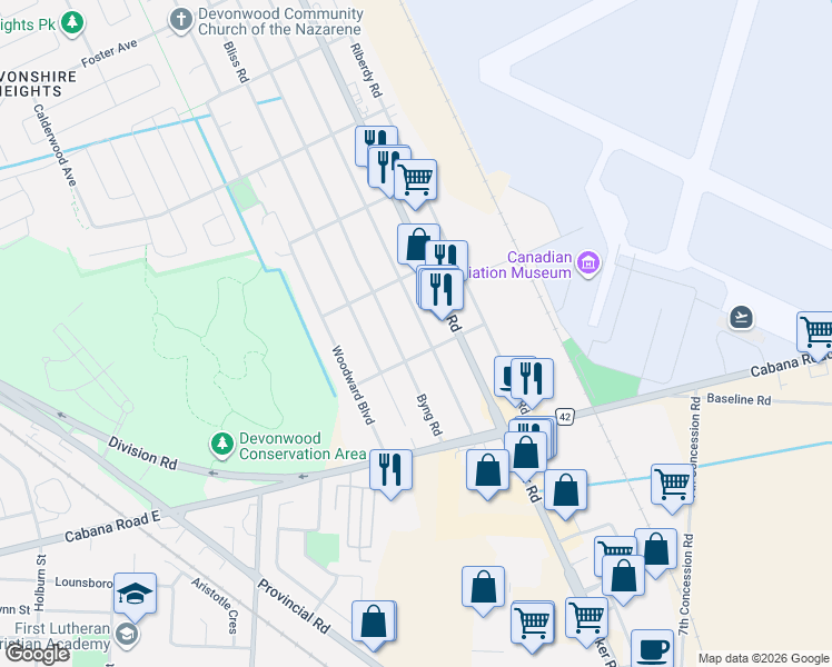 map of restaurants, bars, coffee shops, grocery stores, and more near 3897 Turner Road in Windsor
