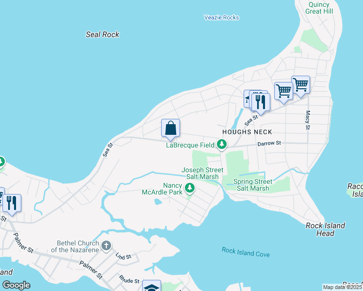 map of restaurants, bars, coffee shops, grocery stores, and more near 919 Sea Street in Quincy