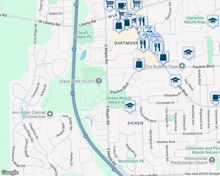 map of restaurants, bars, coffee shops, grocery stores, and more near in Ann Arbor