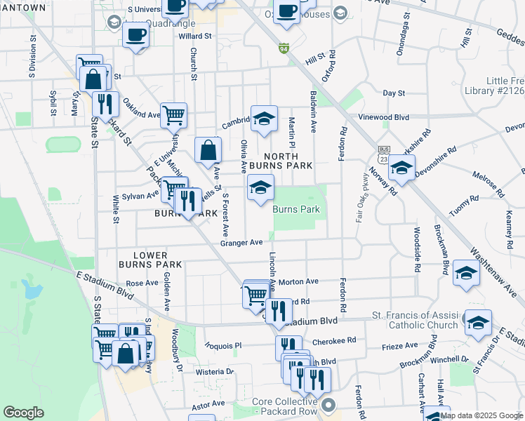 map of restaurants, bars, coffee shops, grocery stores, and more near 1414 Wells Street in Ann Arbor