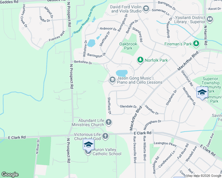 map of restaurants, bars, coffee shops, grocery stores, and more near 1692 Sheffield Drive in Superior Charter Township