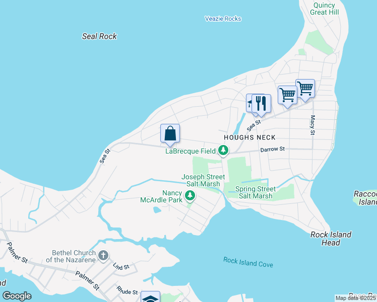 map of restaurants, bars, coffee shops, grocery stores, and more near 919 Sea Street in Quincy