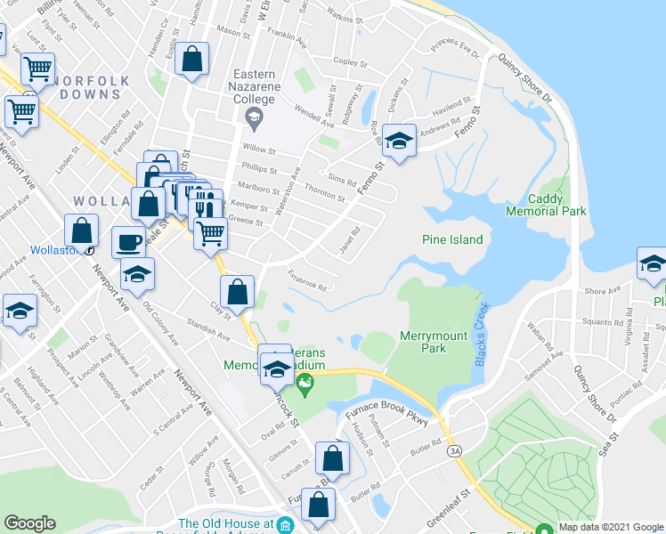 map of restaurants, bars, coffee shops, grocery stores, and more near 139 Greene Street in Quincy