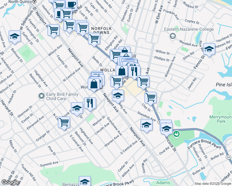 map of restaurants, bars, coffee shops, grocery stores, and more near 5-31R Old Colony Avenue in Quincy