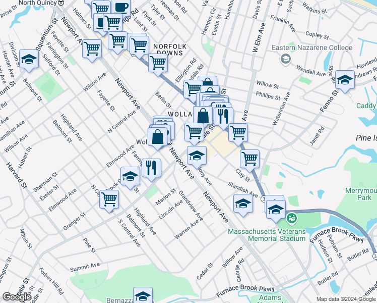 map of restaurants, bars, coffee shops, grocery stores, and more near 5-31R Old Colony Avenue in Quincy