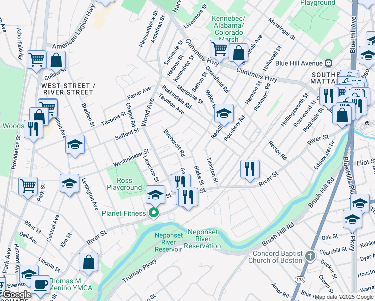 map of restaurants, bars, coffee shops, grocery stores, and more near 40 Blake Street in Boston