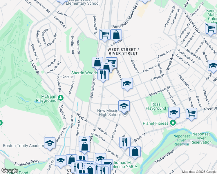 map of restaurants, bars, coffee shops, grocery stores, and more near 1002 Hyde Park Avenue in Boston