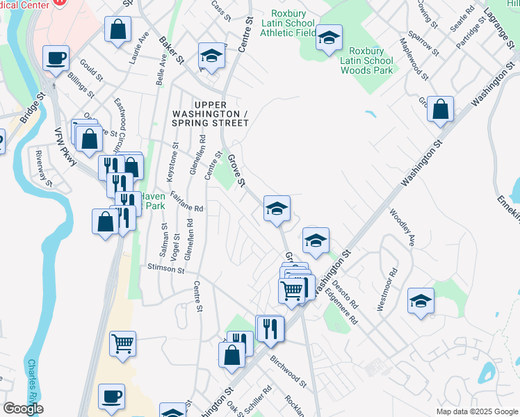 map of restaurants, bars, coffee shops, grocery stores, and more near 95 Grove Street in Boston