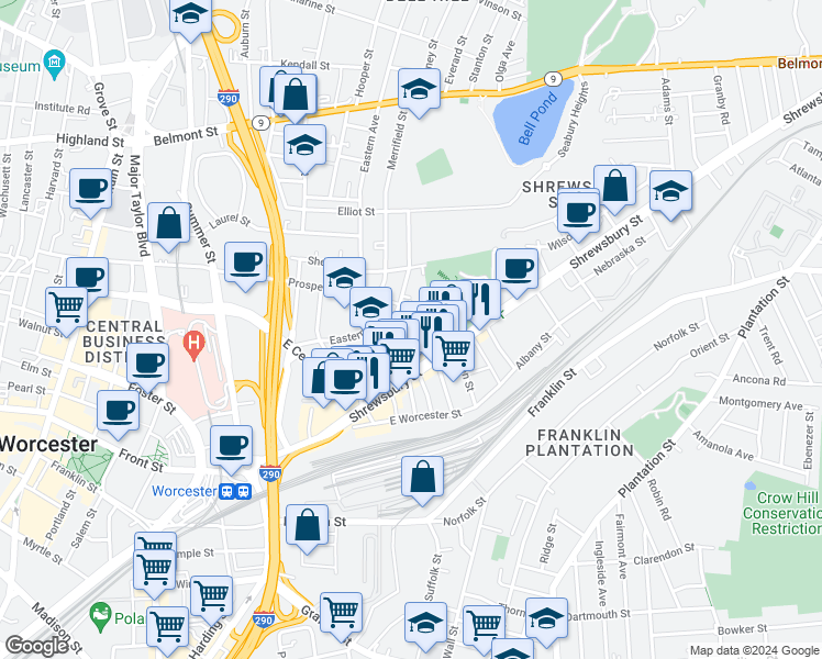 map of restaurants, bars, coffee shops, grocery stores, and more near 29 Shamrock Street in Worcester