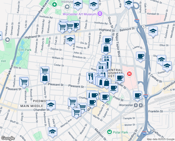 map of restaurants, bars, coffee shops, grocery stores, and more near 15 Chestnut Street in Worcester