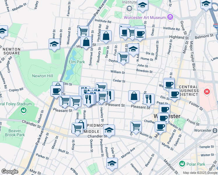 map of restaurants, bars, coffee shops, grocery stores, and more near 82 Elm Street in Worcester