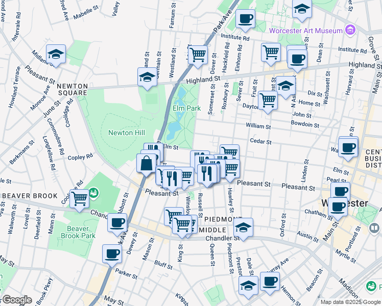 map of restaurants, bars, coffee shops, grocery stores, and more near 8 Blossom Street in Worcester