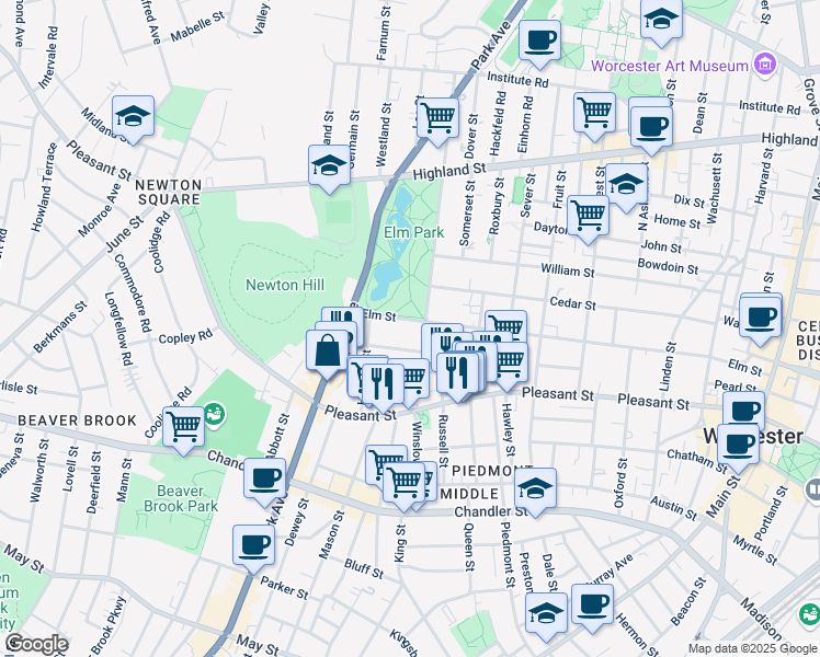 map of restaurants, bars, coffee shops, grocery stores, and more near 8 Blossom Street in Worcester
