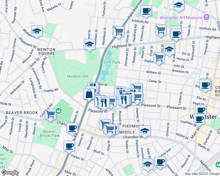 map of restaurants, bars, coffee shops, grocery stores, and more near 8 Blossom Street in Worcester