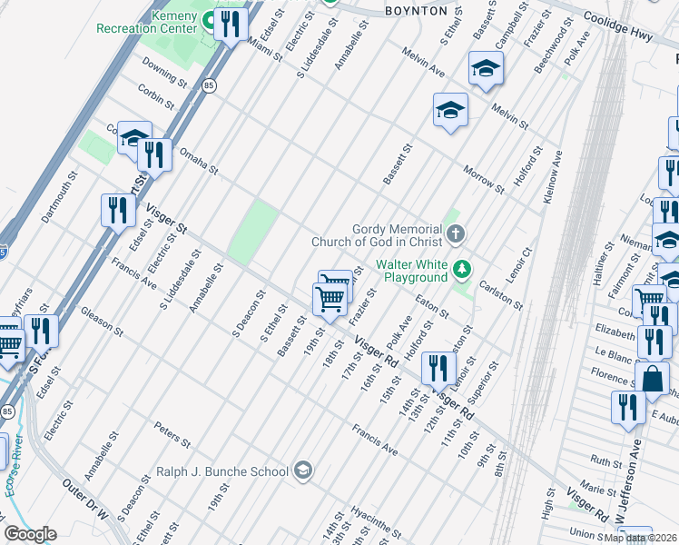 map of restaurants, bars, coffee shops, grocery stores, and more near 2687 Bassett Street in Detroit