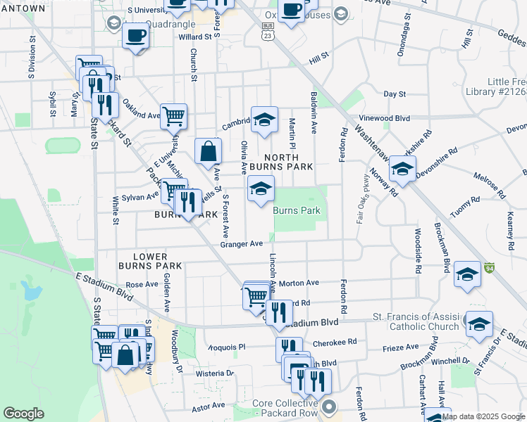 map of restaurants, bars, coffee shops, grocery stores, and more near 1414 Wells Street in Ann Arbor