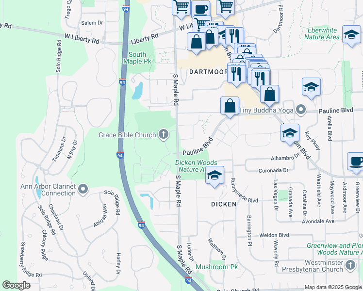 map of restaurants, bars, coffee shops, grocery stores, and more near in Ann Arbor