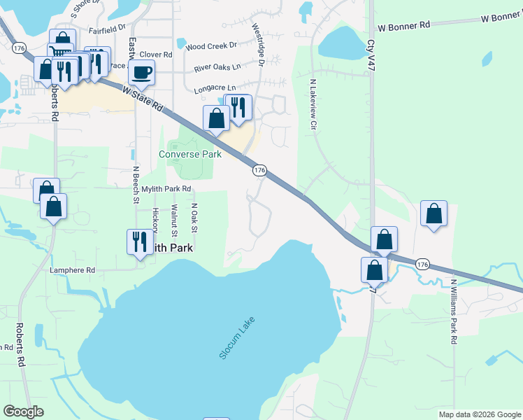 map of restaurants, bars, coffee shops, grocery stores, and more near 4351 Waters Edge Drive in Island Lake