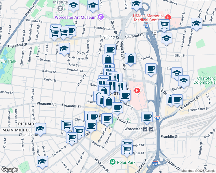 map of restaurants, bars, coffee shops, grocery stores, and more near 327 Main Street in Worcester