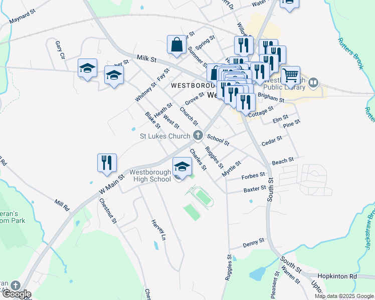 map of restaurants, bars, coffee shops, grocery stores, and more near 80 West Main Street in Westborough