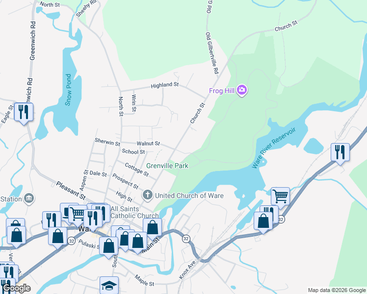 map of restaurants, bars, coffee shops, grocery stores, and more near 87 Church Street in Ware