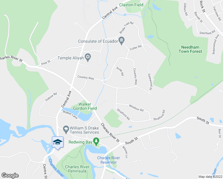 map of restaurants, bars, coffee shops, grocery stores, and more near 364 Country Way in Needham