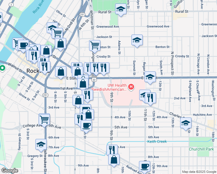 map of restaurants, bars, coffee shops, grocery stores, and more near 209 9th Street in Rockford