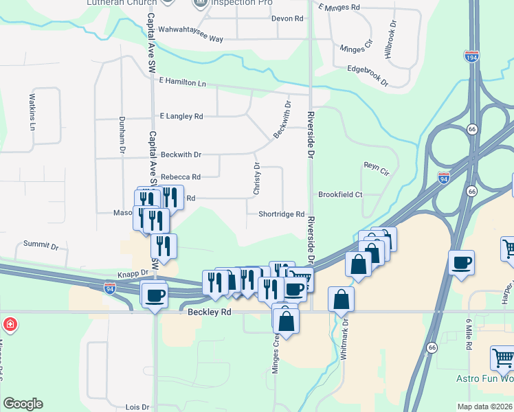 map of restaurants, bars, coffee shops, grocery stores, and more near 107 Christy Road in Battle Creek