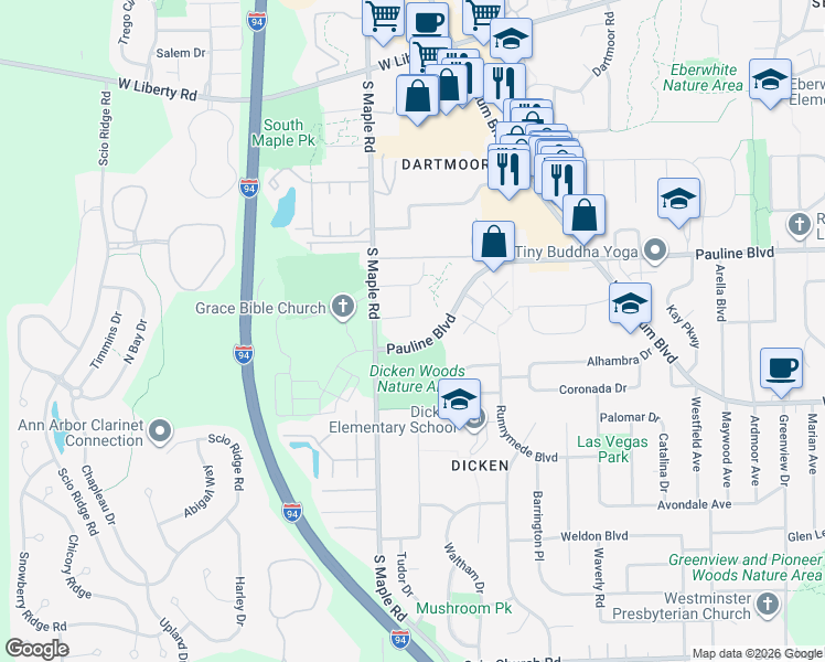 map of restaurants, bars, coffee shops, grocery stores, and more near 2142 Pauline Boulevard in Ann Arbor