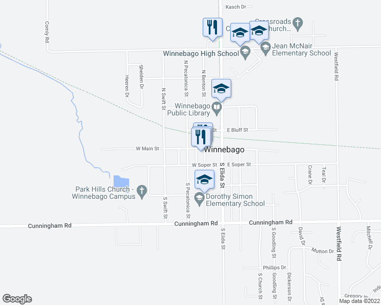 map of restaurants, bars, coffee shops, grocery stores, and more near 215 West Soper Street in Winnebago