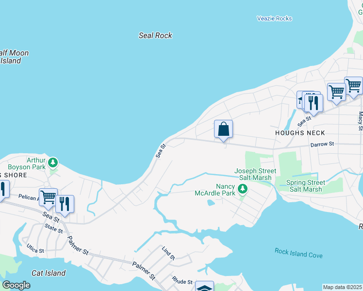 map of restaurants, bars, coffee shops, grocery stores, and more near 29 Peterson Road in Quincy